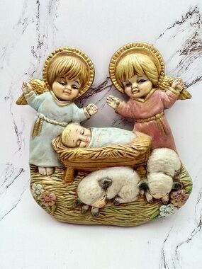 Vintage Jesus in Manger with Angels Wall Plaque